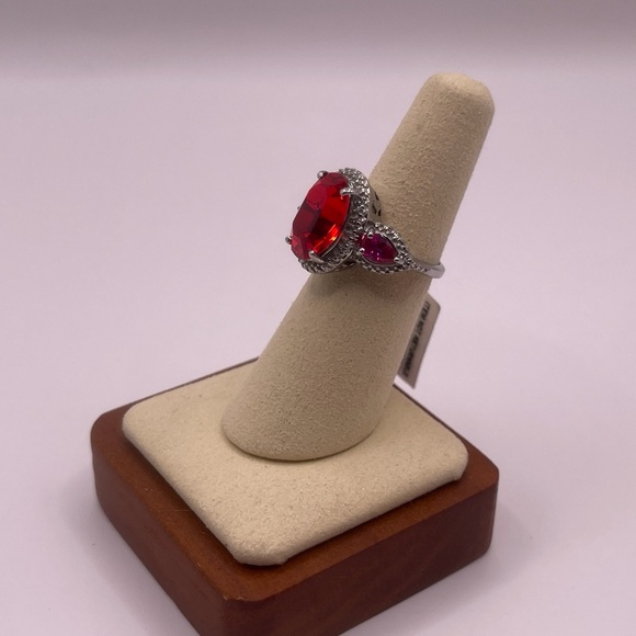 Simulated Ruby Rhinestone Ring - Silver Toned Victorian Setting Stainless Steel - Picture 11 of 15